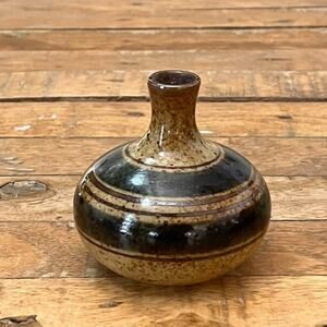 Vintage Asahi Small Vase From Japan Black Bands Brown & Tan Speckled Base